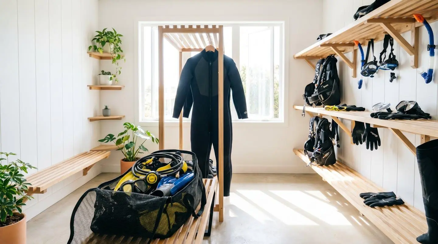 Équipement de plongée en cours de séchage naturel dans garage organisé avec sac ventilé ouvert