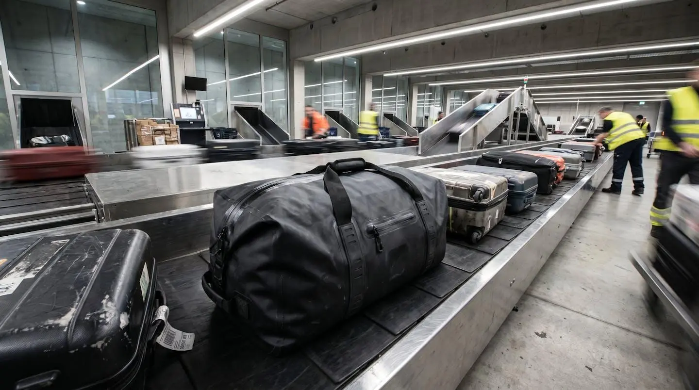 Sac de plongée étanche robuste dans zone bagages aéroport avec autres valises