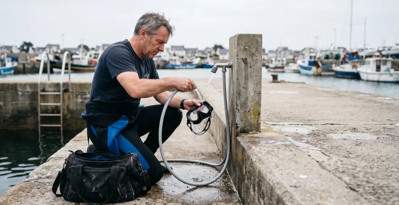 Un plongeur rince son masque de plongée à verres correcteurs sous une douche d'eau douce au bord d'un plan d'eau.
